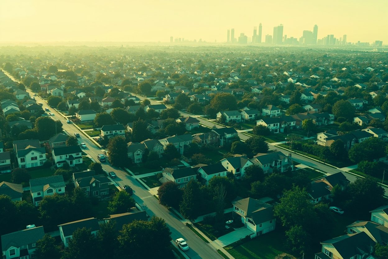 Aerial view of suburban homes with corporate and family ownership sections
