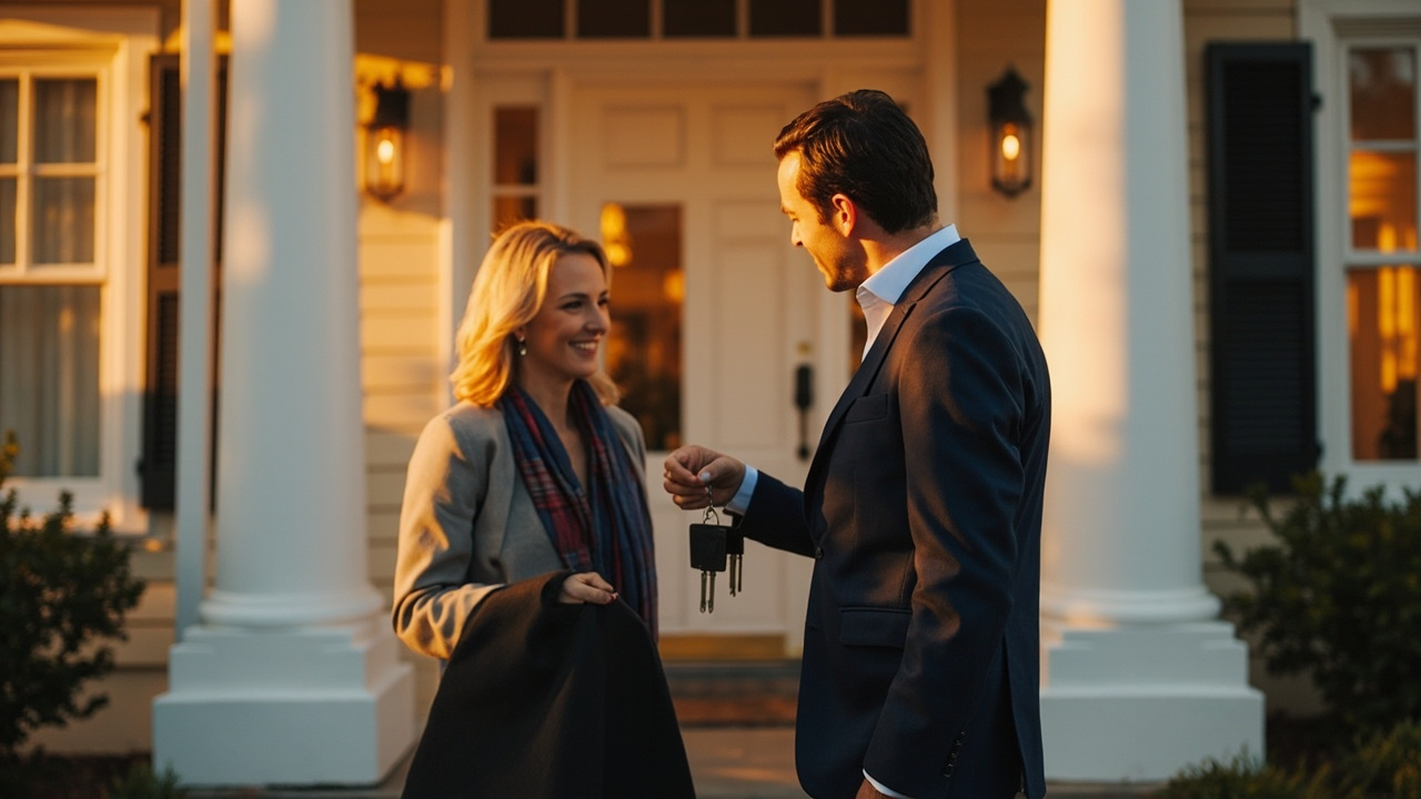 A new homeowner receiving keys to a newly purchased single-family home from a real estate agent