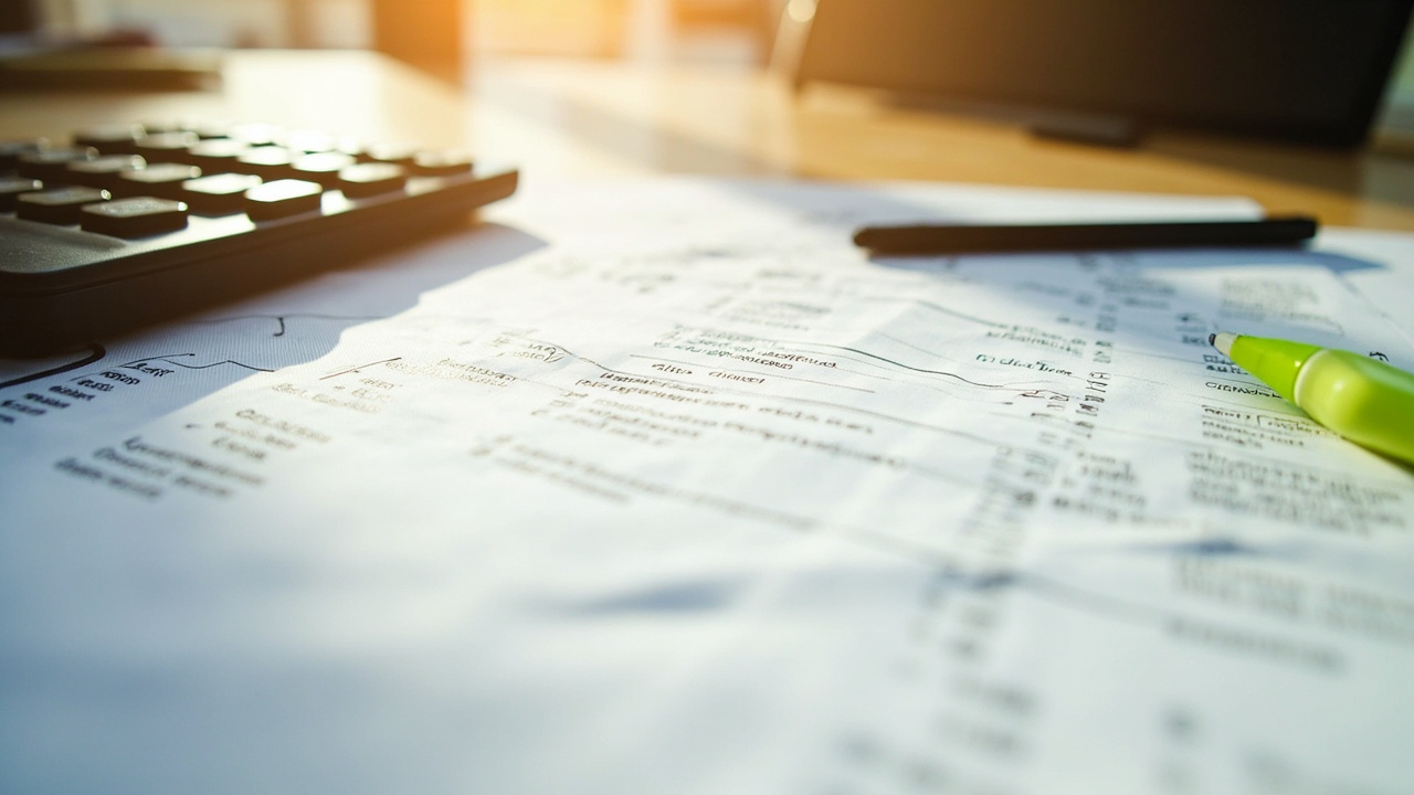 A property tax bill and real estate assessment documents on a desk with a calculator