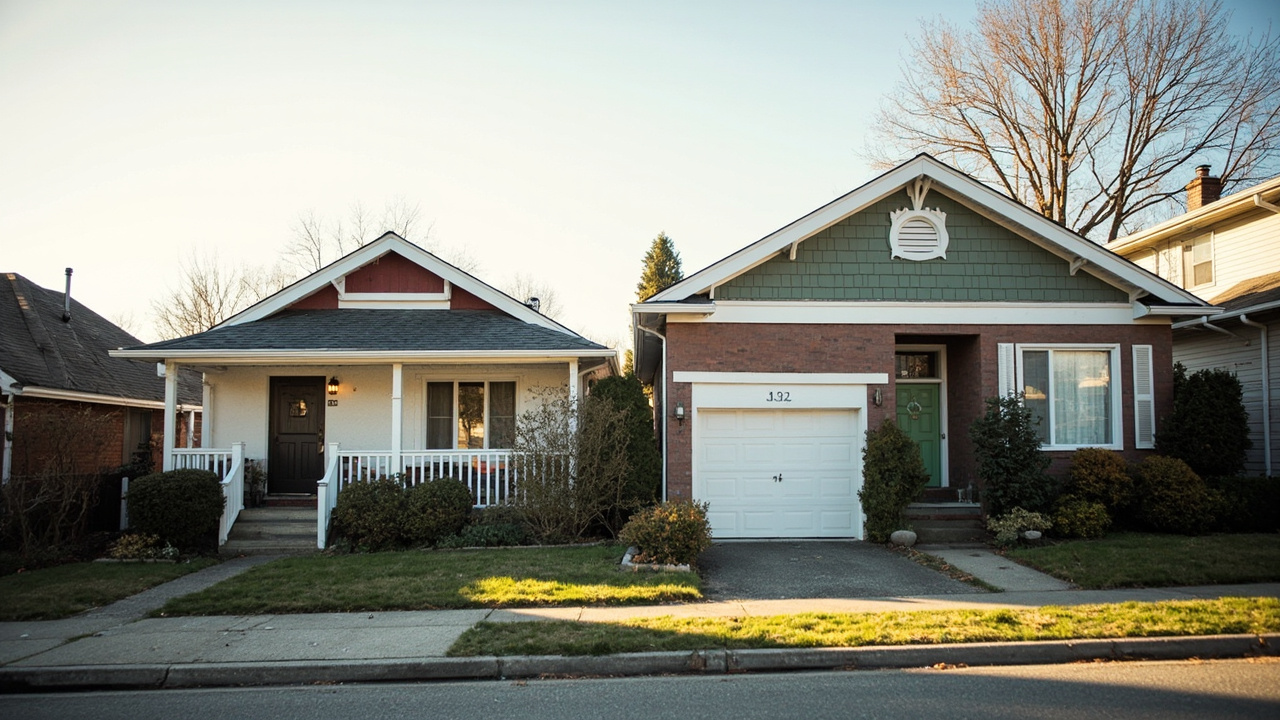 Side by side: a single-family home in a suburban setting next to a small multi-family apartment building