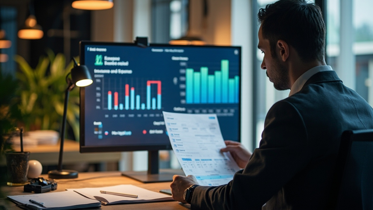 An investor analyzing a property income statement with a calculator and financial notebook on a desk