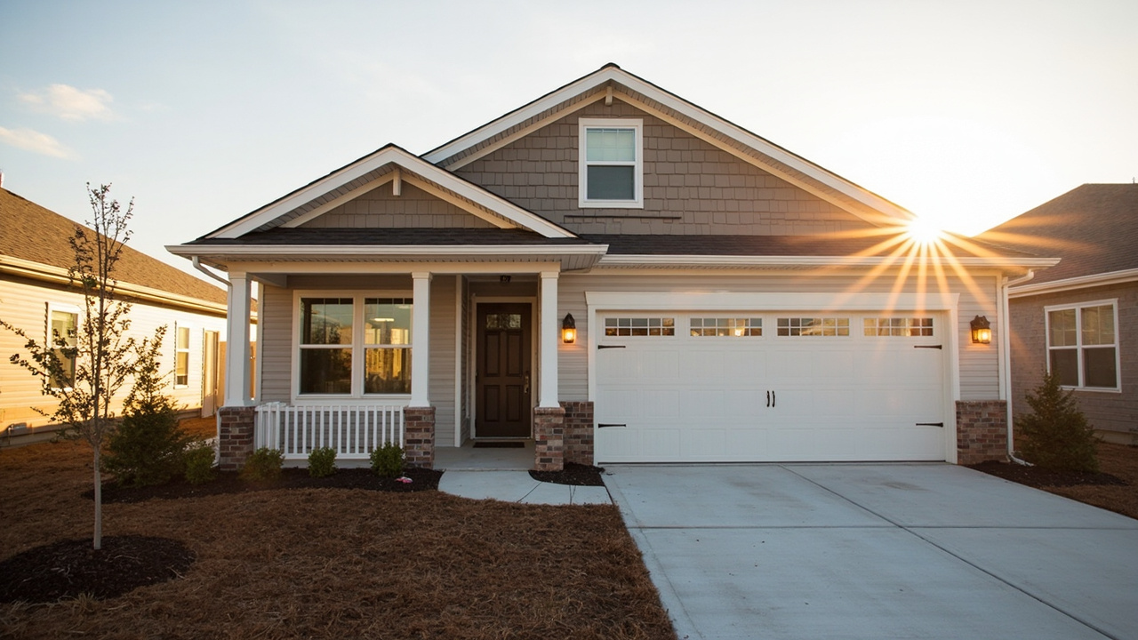 A newly constructed single-family home in a suburban neighborhood at golden hour