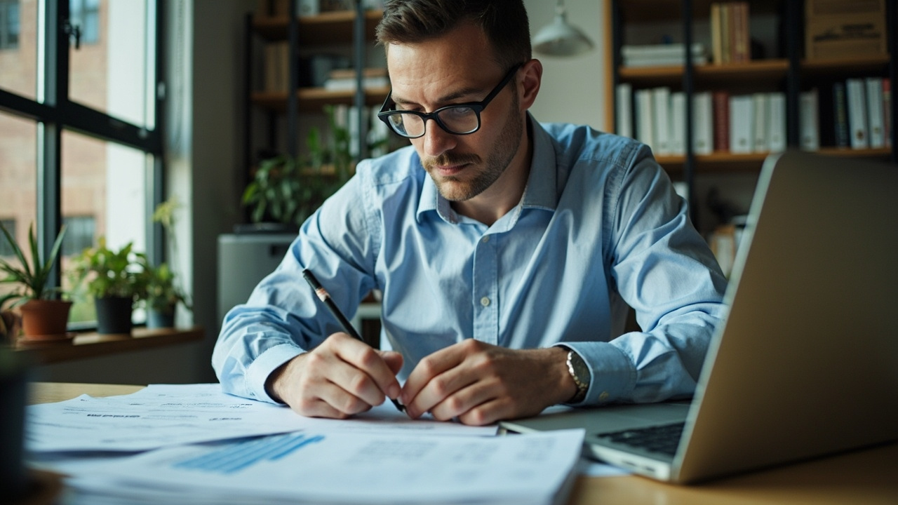 A property manager reviewing financial documents and equity statements at a desk