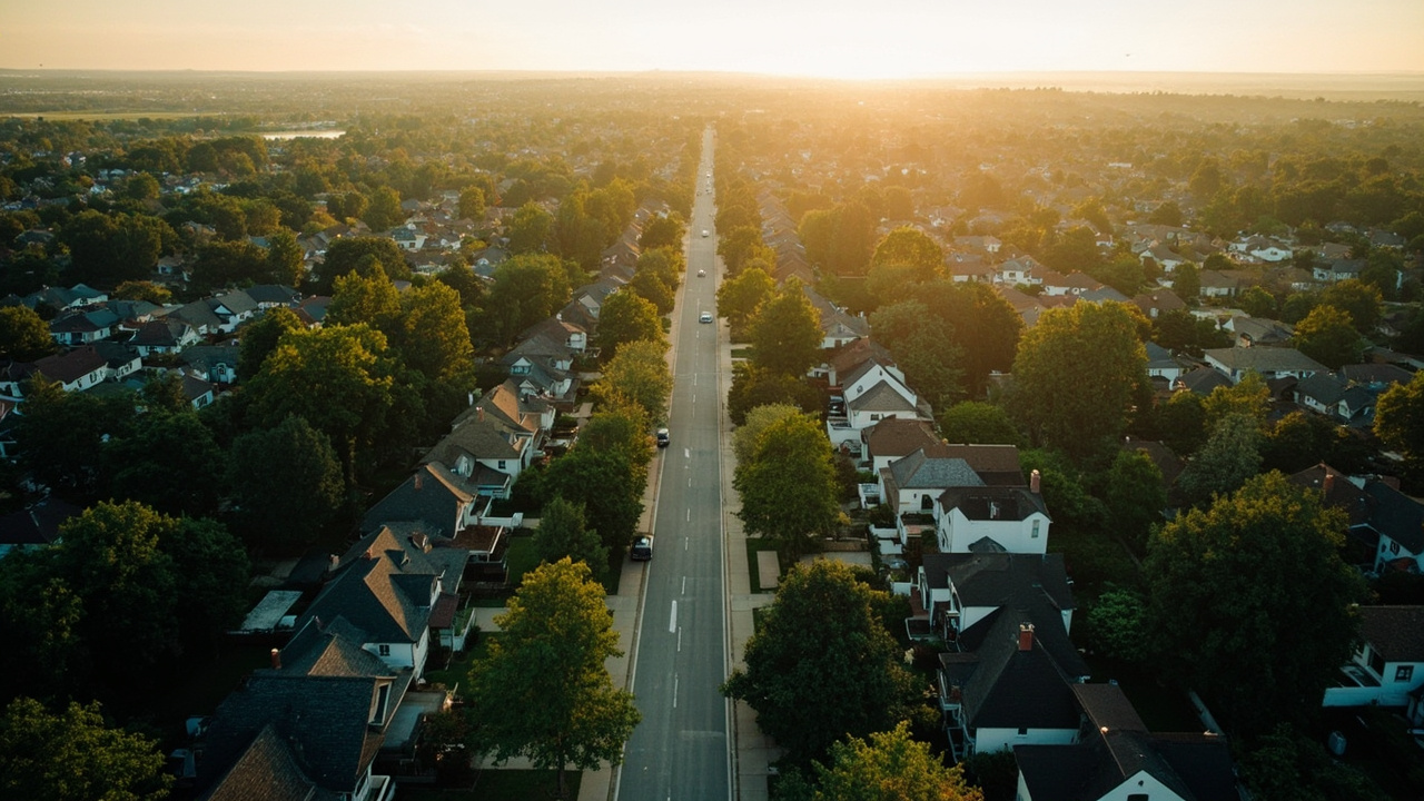 Aerial view of a residential neighborhood with tree-lined streets at morning light