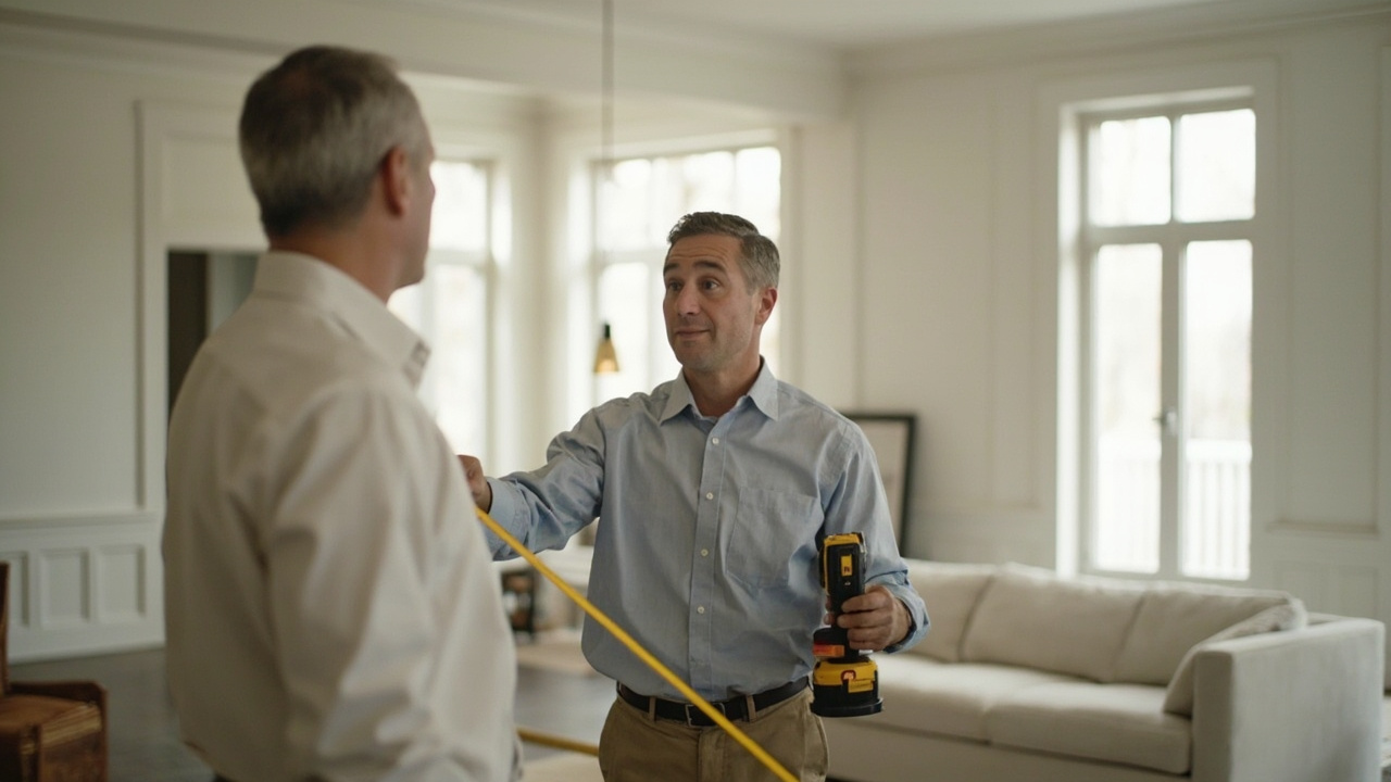 A property appraiser measuring a residential living room with a laser measure