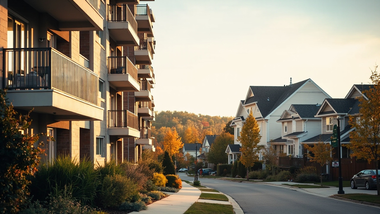 A modern apartment building facade next to a row of single-family homes in a mixed-use neighborhood