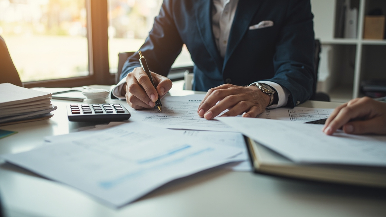 A lender reviewing a mortgage application and property documents at a desk with a calculator