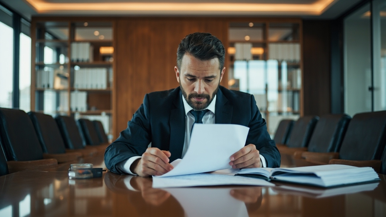 A real estate attorney reviewing exchange documents and property files at a conference table