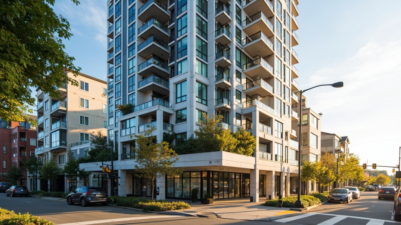 A mid-rise apartment building in a suburban mixed-use district with ground-floor retail