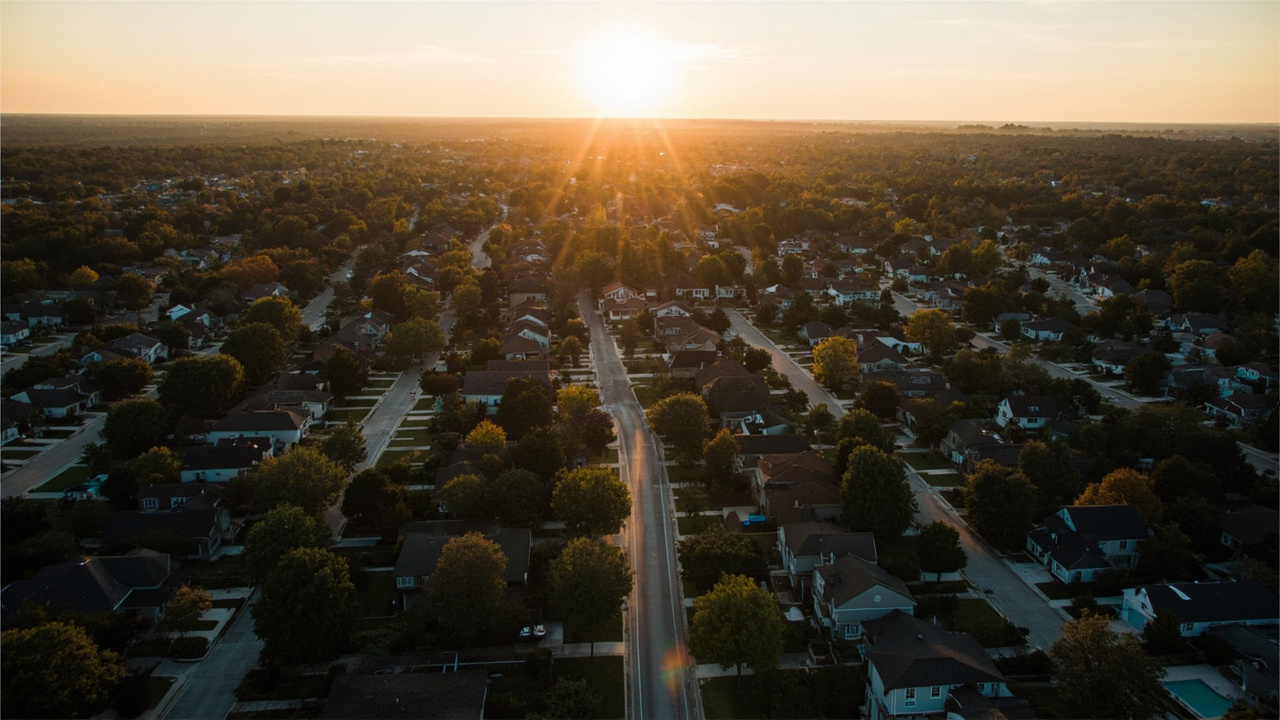 Aerial view of a suburban neighborhood with single-family homes and tree-lined streets at golden hour